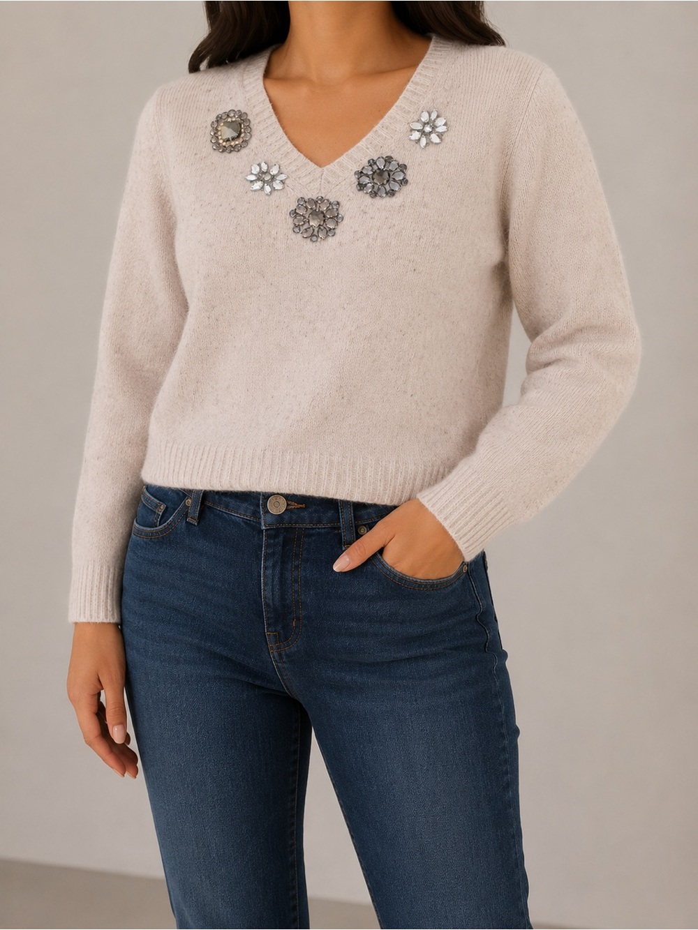 J. Crew Jeweled V-Neck Sweater in Light Beige